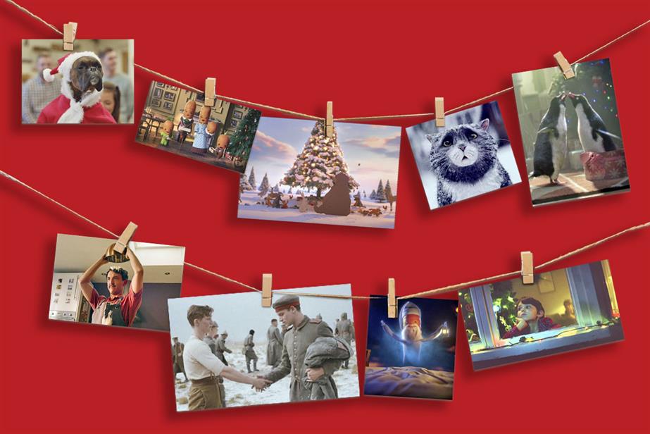 graphic of Christmas cards with pictures of brand's Christmas ads from over the years. pegged onto pieces of string